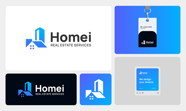 Modern real estate branding concept featuring a clean and professional logo that combines a house and high-rise building