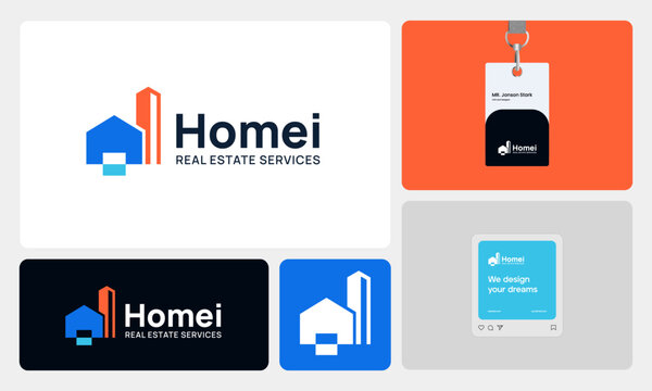 Modern real estate branding concept featuring a clean and professional logo that combines a house and high-rise building