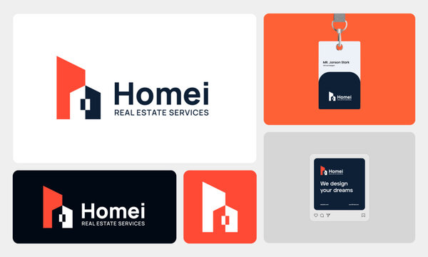 Modern real estate branding concept featuring a clean and professional logo that combines a house and high-rise building