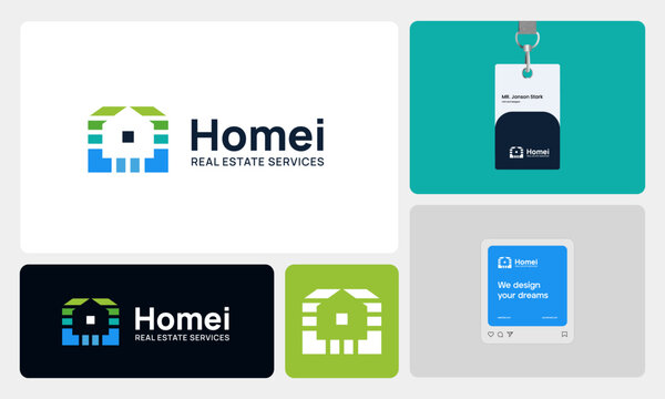 Modern real estate branding concept featuring a clean and professional logo that combines a house and high-rise building