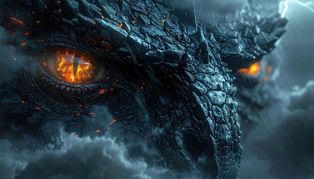 Close Up Of A Fearsome Dragon Head With Glowing Orange Eyes And Detailed Scales In A Stormy Sky With Lightning Strikes And Cosmic Nebula Background In Dark Blue And Orange Tones