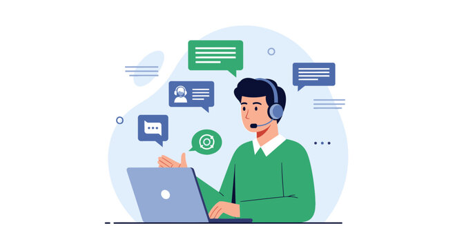 Customer service representative with headset and laptop, communication icons