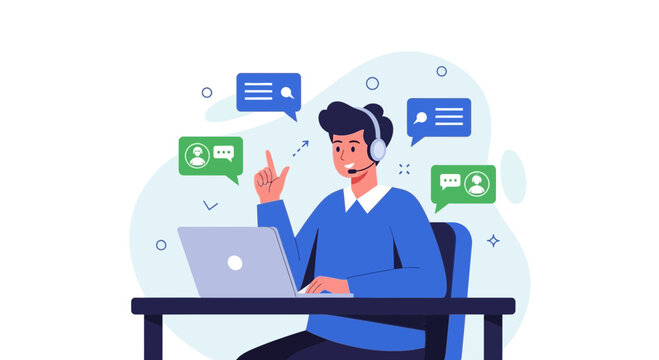 Customer support agent with headset and laptop, communication icons, flat illustration