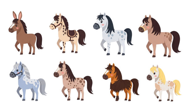 Cute Cartoon Horse Breeds Vector Set Akhal Teke Mustang Shire and More Animals