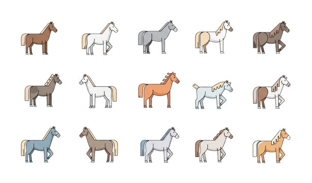 Minimal Cartoon Horse Breeds Vector Set Cute Equine Animals Clean Illustration