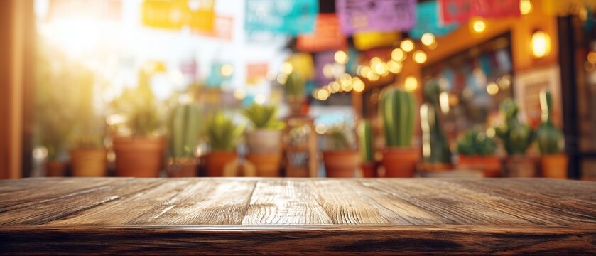 Rustic Table on Festive Patio at Golden Hour. Empty wooden table top on mexican Cinco de Mayo festival background at sunset
