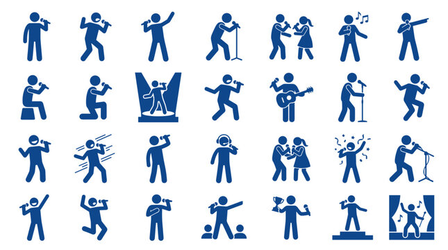 Collection of diverse stick figure icons representing singers performers musicians and dancers in various dynamic poses on a white background