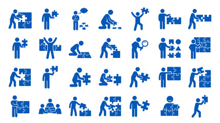 Fototapeta premium Collection of blue pictogram figures engaged in puzzle solving activities representing teamwork strategy problem solving and collaboration