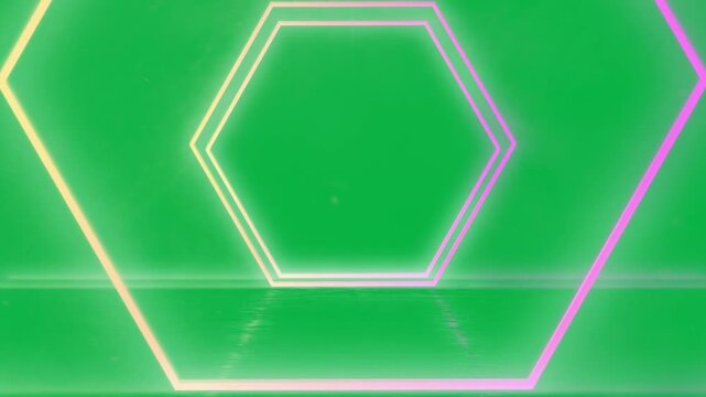 Neon hexagon appearing growing forming portal outlines sliding reflecting on transparent backdrop
