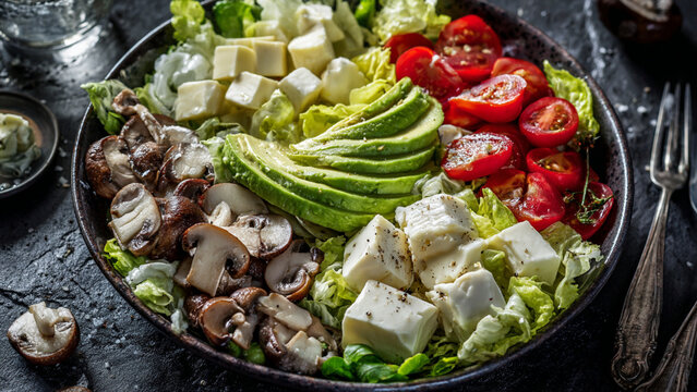 18h A square, bright, editorial-style food photography of a vegetarian Cobb salad in a deep ceramic plate, styled for a gourmet cooking magazine. The salad base is fresh lettuce leaves, with ingredien
