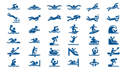 Collection of blue water sport icons representing swimming diving surfing kayaking and other aquatic activities on a white background © Iconique Studio