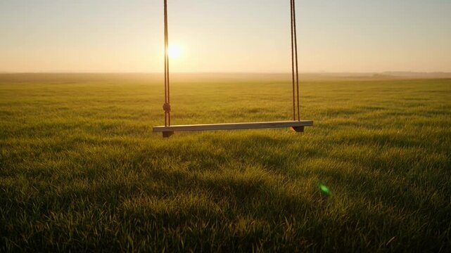Wooden swing over grass field at sunrise and sunset in empty rural meadow, lonely calm countryside landscape with rope swing seat hanging in green grass during tranquil peaceful morning and warm light