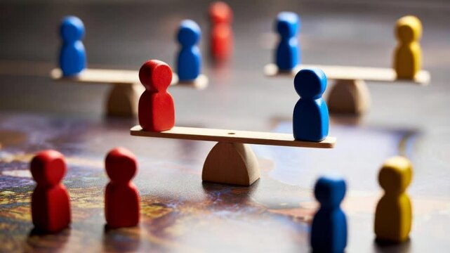 Balance equality diversity inclusion teamwork leadership cooperation strategy conflict negotiation colorful pawn wooden seesaw symbolizing social balance power gap and team dynamics harmonious