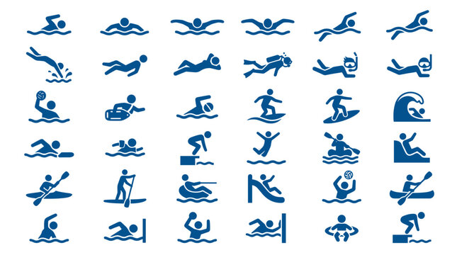 Collection of blue water sport icons representing swimming diving surfing kayaking and other aquatic activities on a white background