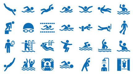 Collection of blue swimming icons representing various aquatic activities and pool related elements for sports and leisure concepts