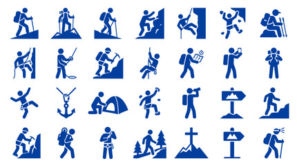 Fototapeta premium Collection of blue climbing and hiking icons representing adventure travel outdoor activities and extreme sports on a white background