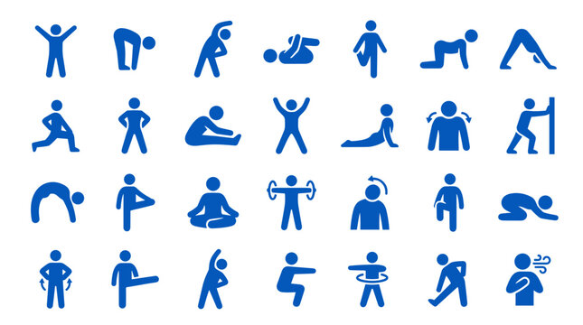 Collection of blue human icons depicting various fitness exercises and yoga poses for health and wellness concepts