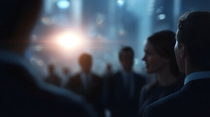 Naklejka premium A group of professionals engaged in collabo n within a modern illuminated setting symbolizing strategic teamwork and shared success