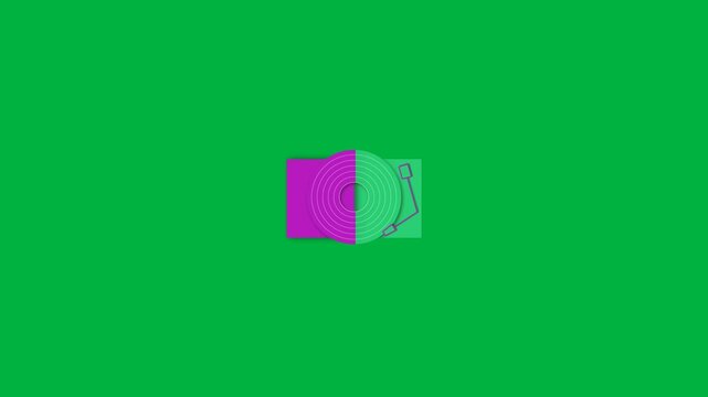 Animation of bouncing pink and green turntable icon on white background