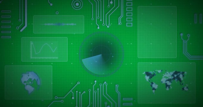 Animation of scope scanning with world map, data processing and blue circuit board elements