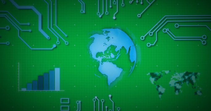 Animation of glowing blue computer circuit board elements over globe on grid