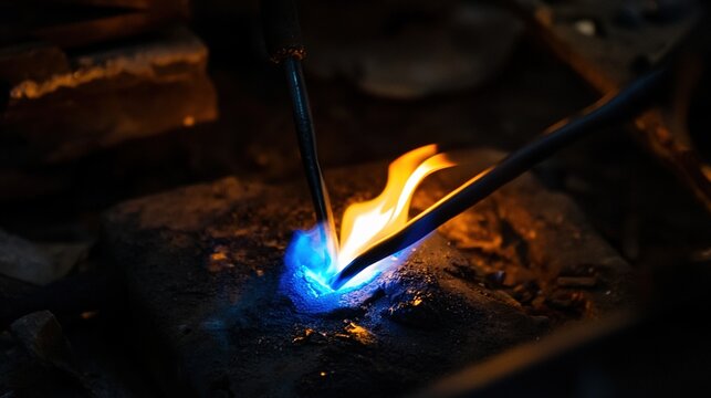 oxyacetylene. Close-up of a blue torch flame heating a metal joint with molten filler metal. safety posters, maintenance manuals, designed for industrial assembly lines and welding operations.