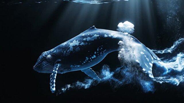 A majestic large whale swims gracefully through the deep dark blue ocean waters with light rays