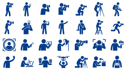Fototapeta premium Collection of blue pictogram icons representing photographers and videographers in various poses and actions with cameras and equipment