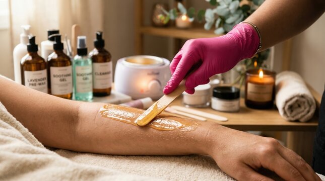 Professional applying hot wax on arm for bikini line prep in spa