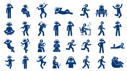 Fototapeta premium Collection of diverse stick figure icons enjoying music with headphones in various active and relaxed poses on a white background representing lifestyle and entertainment