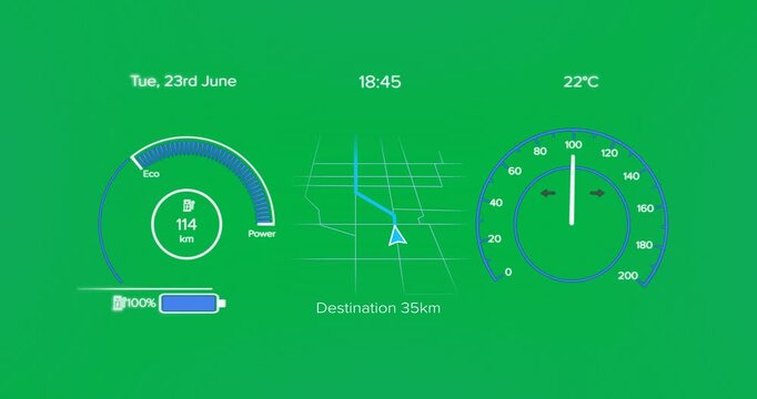Animation of interface with speedometer and power and energy icons on blue background