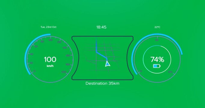 Animation of interface with speedometer and power and energy icons on blue background
