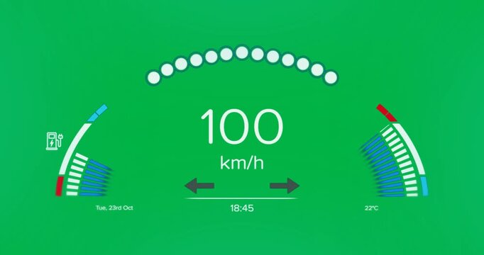 Animation of interface with speedometer and power and energy icons on blue background