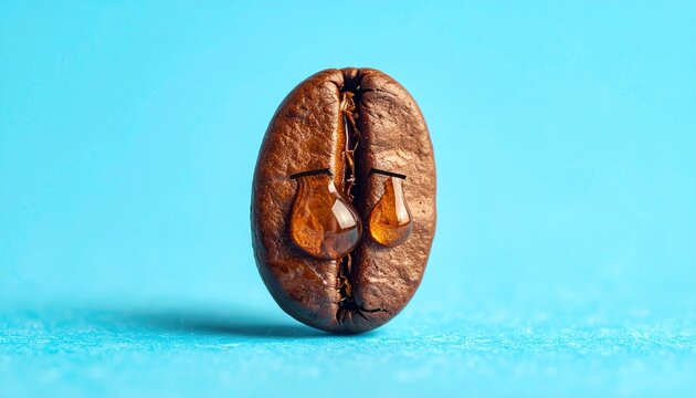 Close up of a single roasted coffee bean with tear drops like eyes against a bright blue background with soft lighting and shallow depth of field