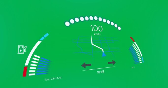 Animation of interface with speedometer and power and energy icons on blue background