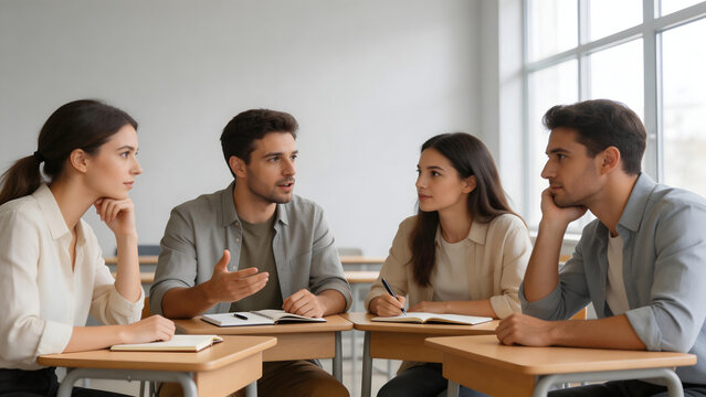 Four people in classroom discussion