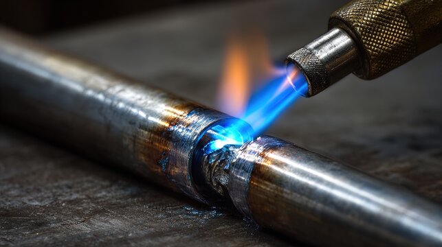 oxyacetylene. Close-up of a blue torch flame heating a metal joint with molten filler metal. safety posters, maintenance manuals, designed for industrial assembly lines and welding operations.