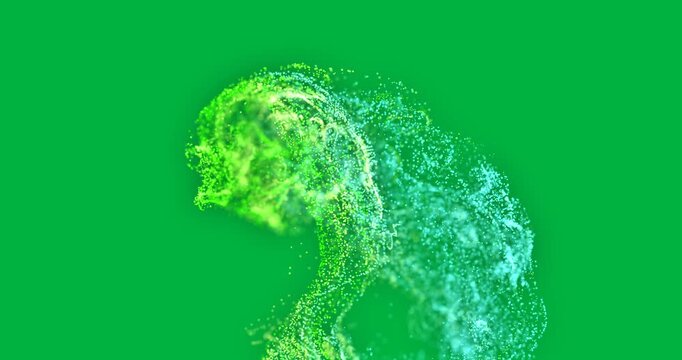 Animation of green and blue smoke trail with particles on white background