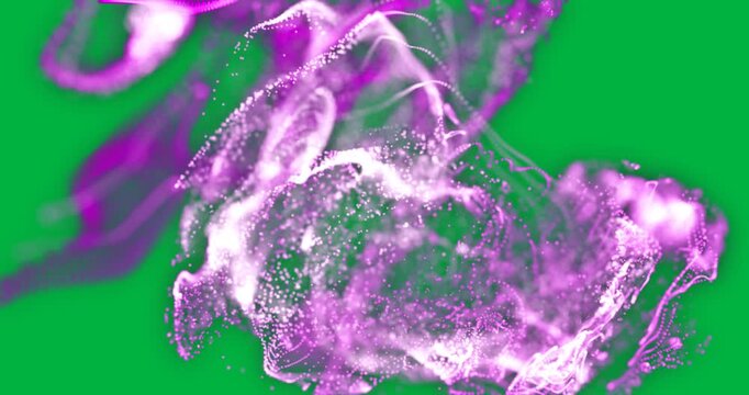 Animation of purple smoke trail with particles flowing on white background