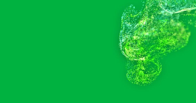 Animation of green and blue smoke trail with particles on white background