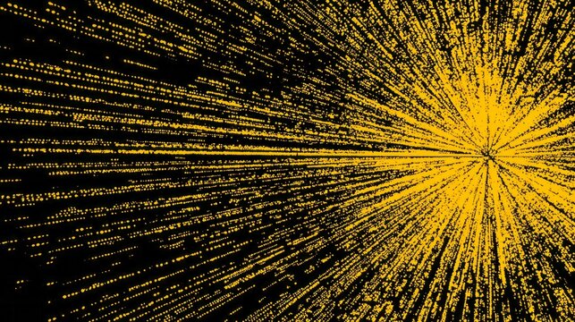 Glowing yellow particles radiate outward from a central point against a dark background