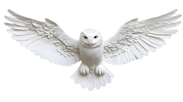White owl sculpture with outstretched wings isolated on white background.