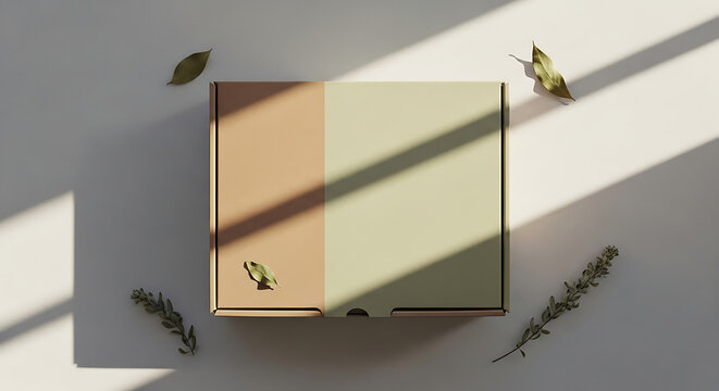 Biodegradable takeaway box mockup, earthy tones, minimal design, soft natural lighting, flat lay composition, realistic shadow