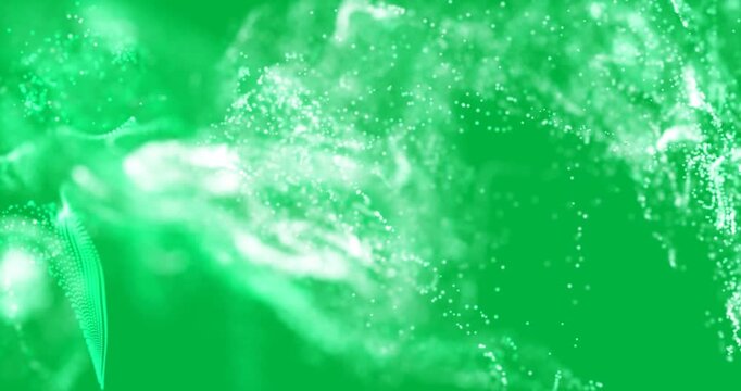 Animation of green smoke trail with particles flowing on white background