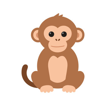 The monkey sits upright with its tail curved to the left and it has a peach stomach, face, inner ears and toes.