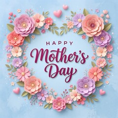 A vibrant 3d paper cut floral heart frames "happy mother's day" lettering, expressing love on a soft blue background. Typography / Calligraphy text