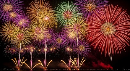 Fototapeta premium Colorful fireworks display in the night sky, vibrant pyrotechnics celebration for holidays and festivals