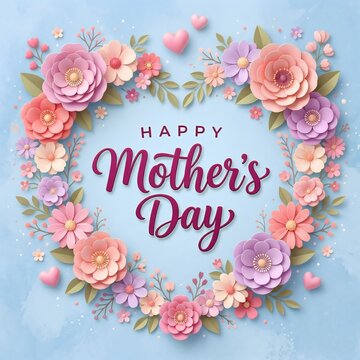 A vibrant 3d paper cut floral heart frames "happy mother's day" lettering, expressing love on a soft blue background. Typography / Calligraphy text