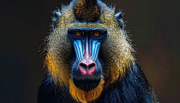 Close up portrait of a male mandrill monkey with striking blue and red facial markings and golden fur details against a dark blurred background natural wildlife animal