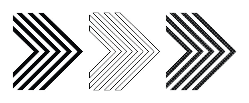 Modern chevron arrow set, three distinct black and white striped direction indicators, contemporary graphic design elements for web and print, progress and navigation vector collection